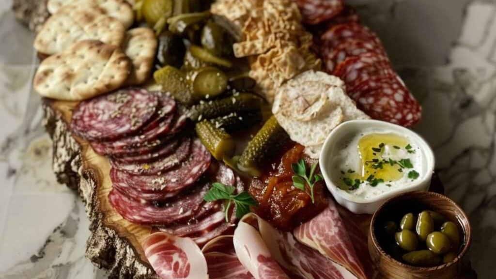 A charcuterie board with assorted cured meats, crackers, pickles, olives, cheese, and dip on a wooden serving tray—perfect for enjoying in a cozy forest lodging or treehouse built into the trees.