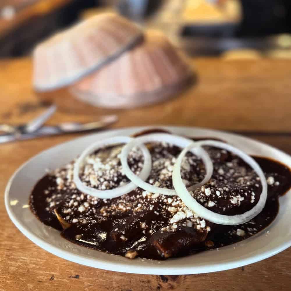 A plate of enchiladas covered in dark mole sauce, topped with sliced white onions and crumbled cheese, on a wooden table—a must-try for fans of seasonal dishes.