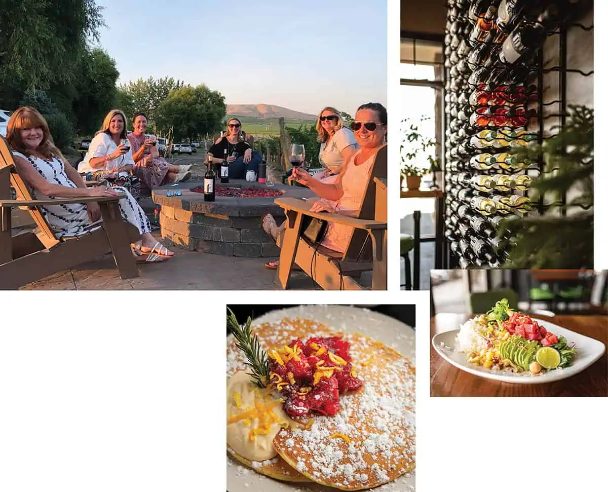 A group of women sit around an outdoor fire pit with drinks; nearby images show a wine rack, plates of pancakes and avocado toast—capturing the inviting food scene and wineries vibe in the Tri-Cities.