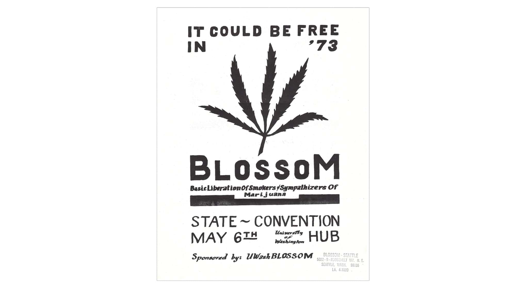 Black and white poster with a large marijuana leaf, promoting a 'Blossom' state convention for marijuana legalization on May 6, 1973—an artifact capturing the spirit that would later influence hip hop and Up In Smoke culture.