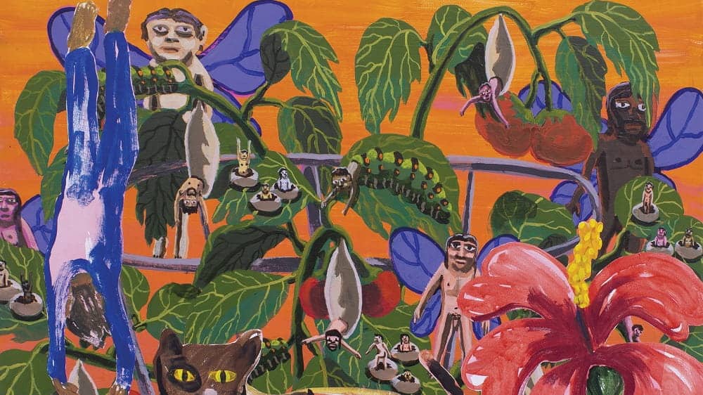 Colorful painting of large green leaves, a red hibiscus flower, blue-winged humanoid figures, caterpillars, and miniature human figures against an orange background—reflecting the vibrant arts in Seattle.