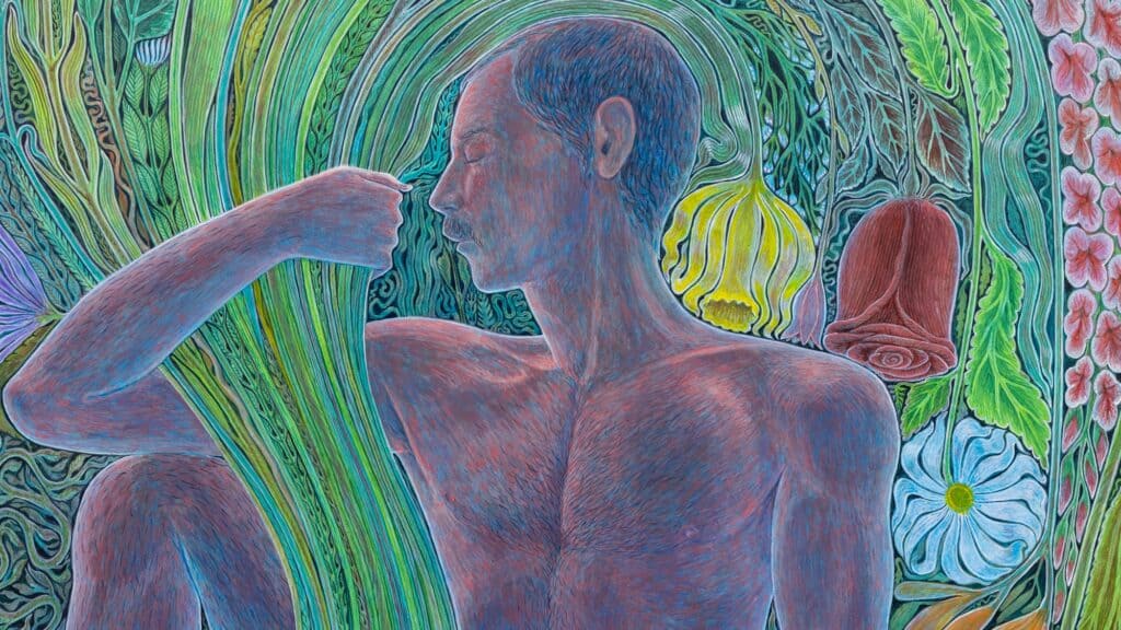 A stylized painting of a nude man sitting among large, colorful plants and flowers, with his arm bent and his hand near his face.
