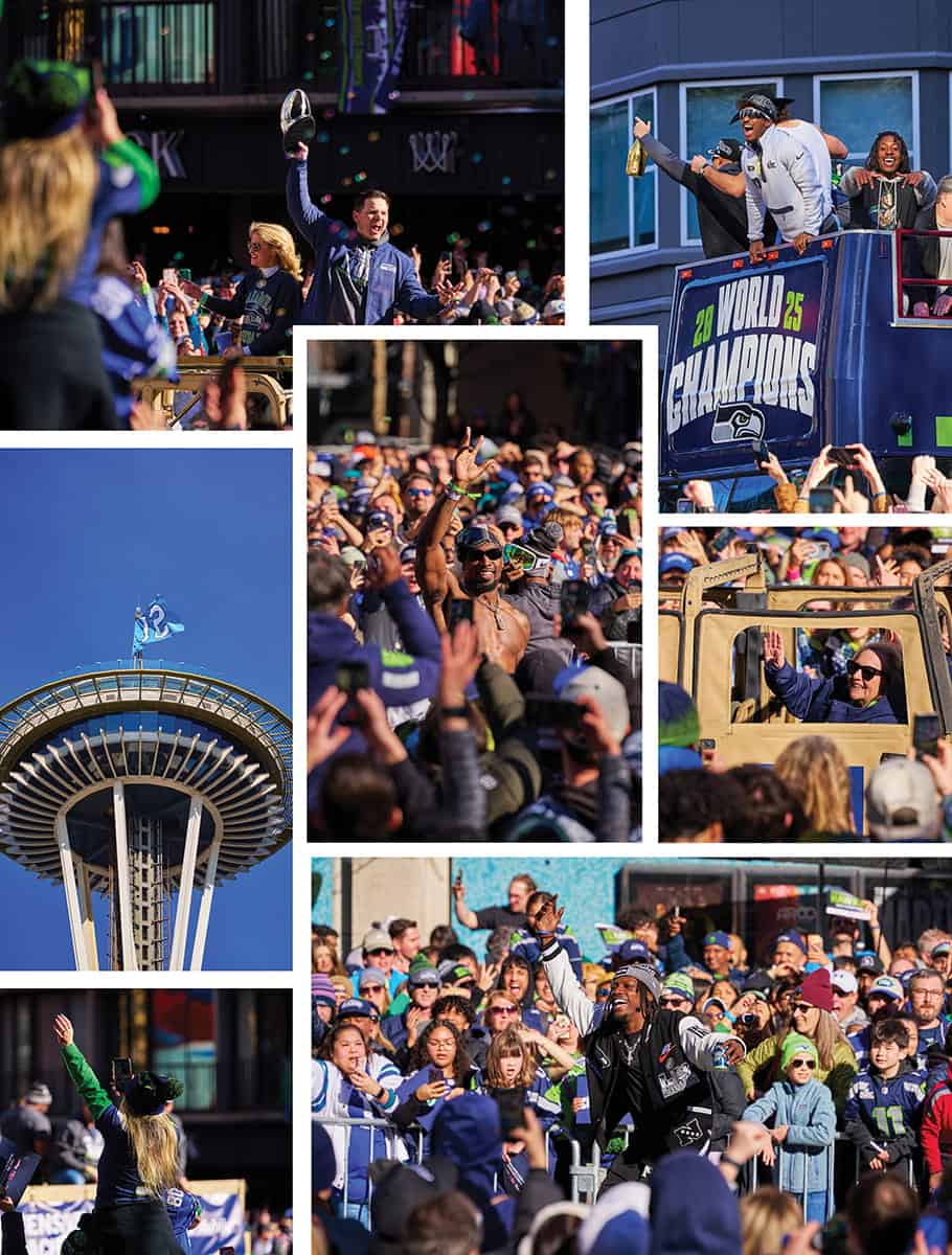 Collage of photos from a Seahawks victory parade showing excited crowds, NFL players celebrating on vehicles, and a flag on the Space Needle, with a "World Champions" sign visible after their Super Bowl LX win.