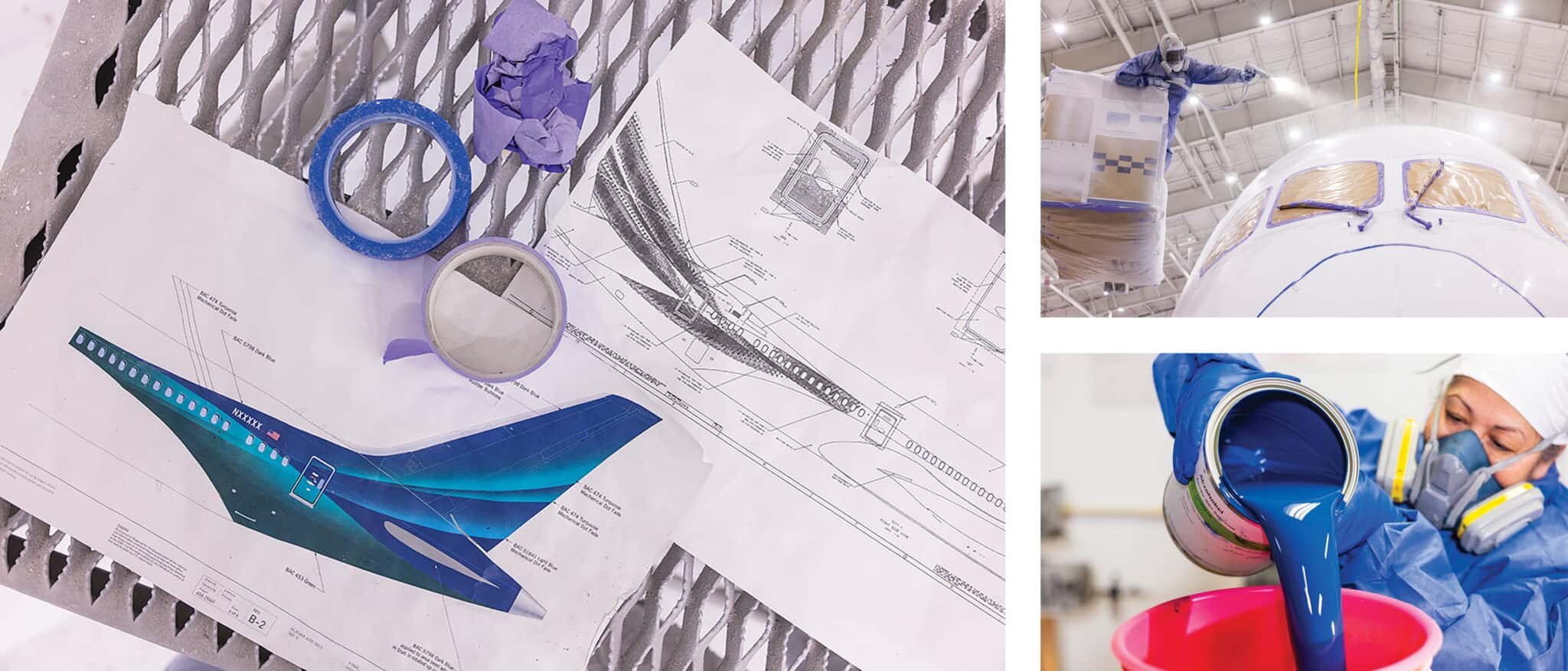 Blueprints and paint supplies for aircraft design are laid out, alongside images of an aircraft nose, a worker pouring blue paint, and a wrapped aircraft section.
