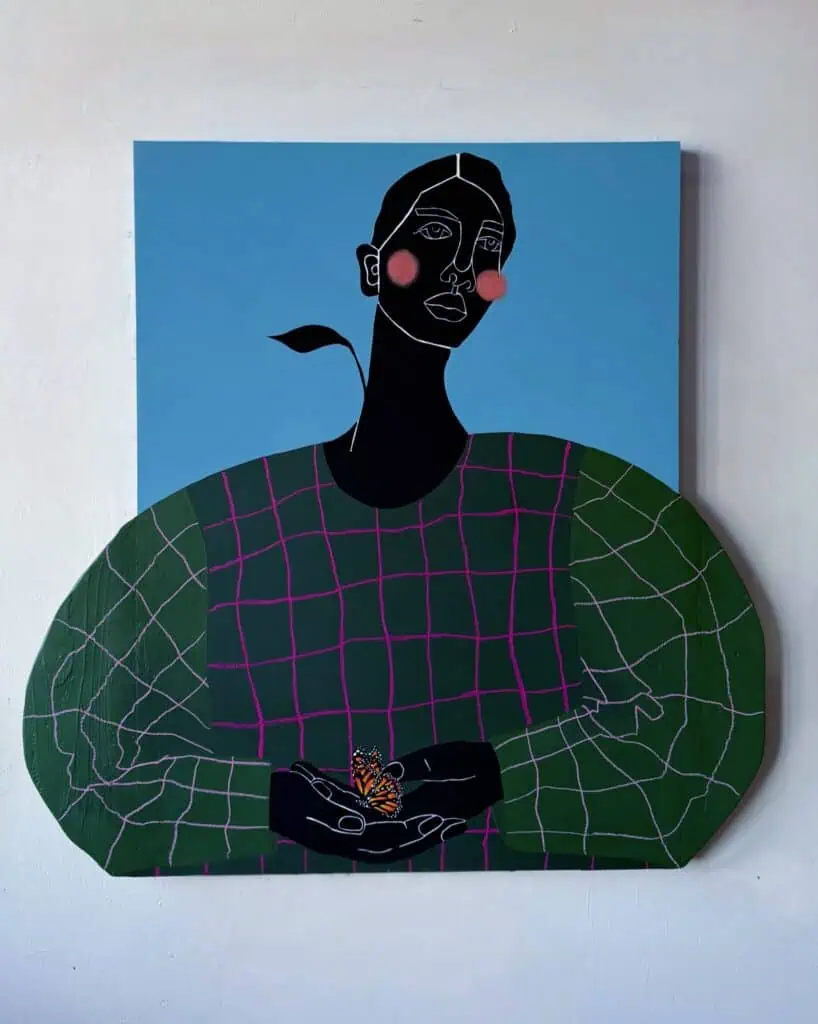 A stylized painting of a figure with dark skin and pink cheeks wearing a green checkered top, holding a butterfly in their hands, set against a blue background.