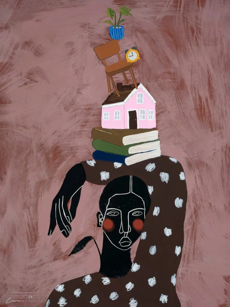 A stylized person balances books, a house, a chair, a clock, and a plant on their head against a textured brown background.