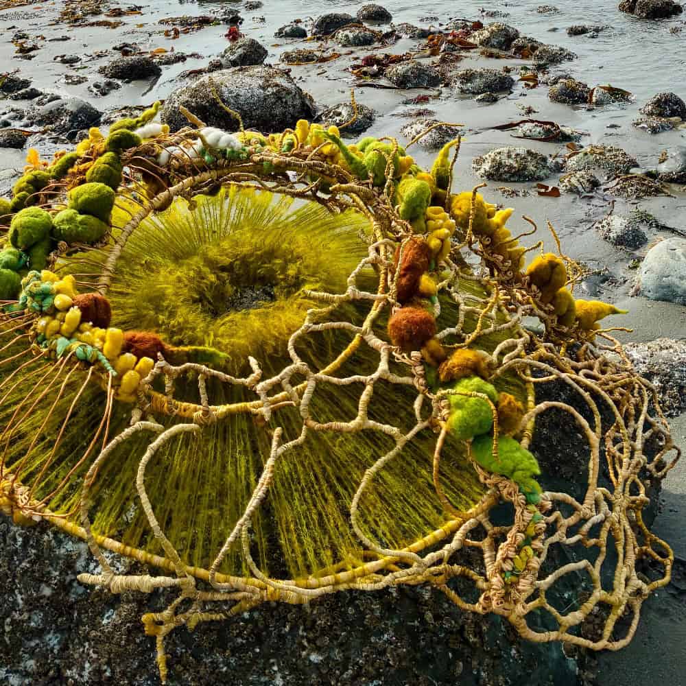 A large, circular woven structure made of yellow yarn and green, brown, and yellow fibers sits on a rocky, sandy beach.
