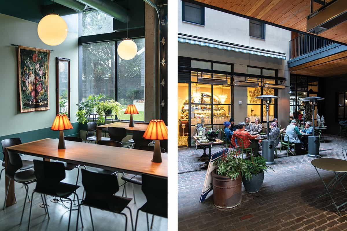 Two side-by-side images: one shows an indoor dining area with modern decor and warm lighting; the other captures people enjoying an outdoor cafe in a brick courtyard—proving some experiences are simply Better Together.