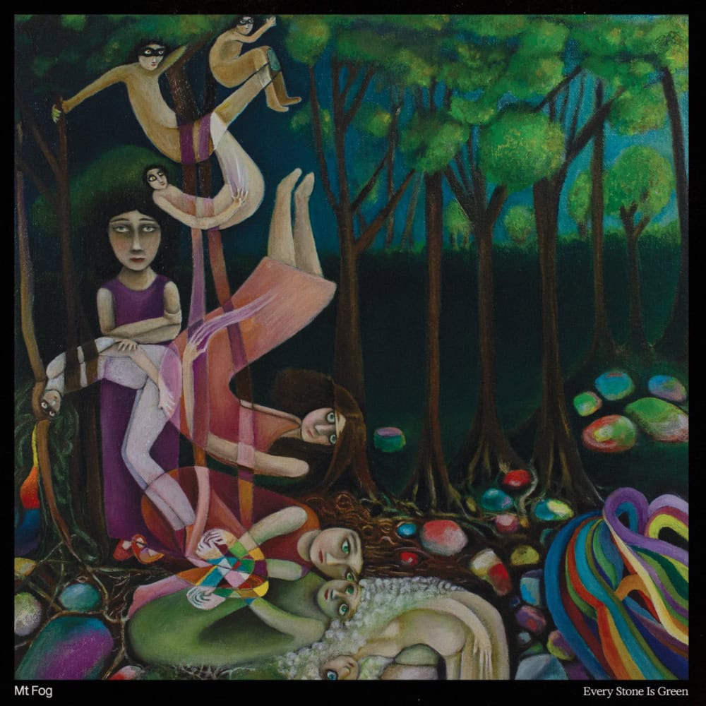 Surreal painting of figures falling from a tree, a seated woman, colorful stones, and abstract shapes on a forest floor, under a dark sky.