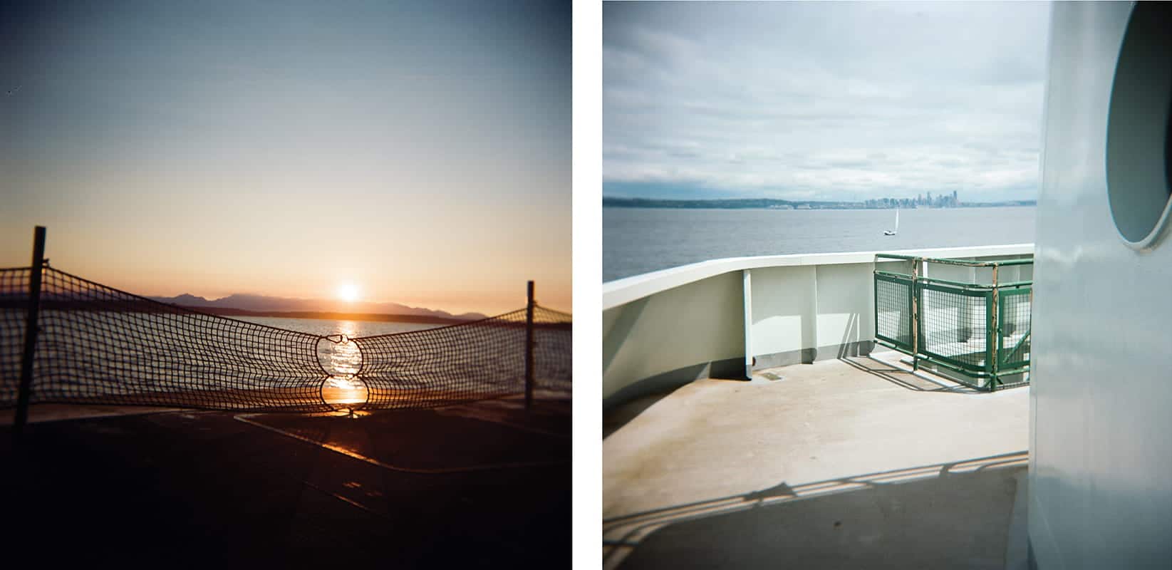 Split image: left side captures a sunset behind a safety net on a boat; right side shows the deck of a ferry with ocean and distant city skyline—perfect moments for a photo essay on ferry therapy amid tranquil scenes.