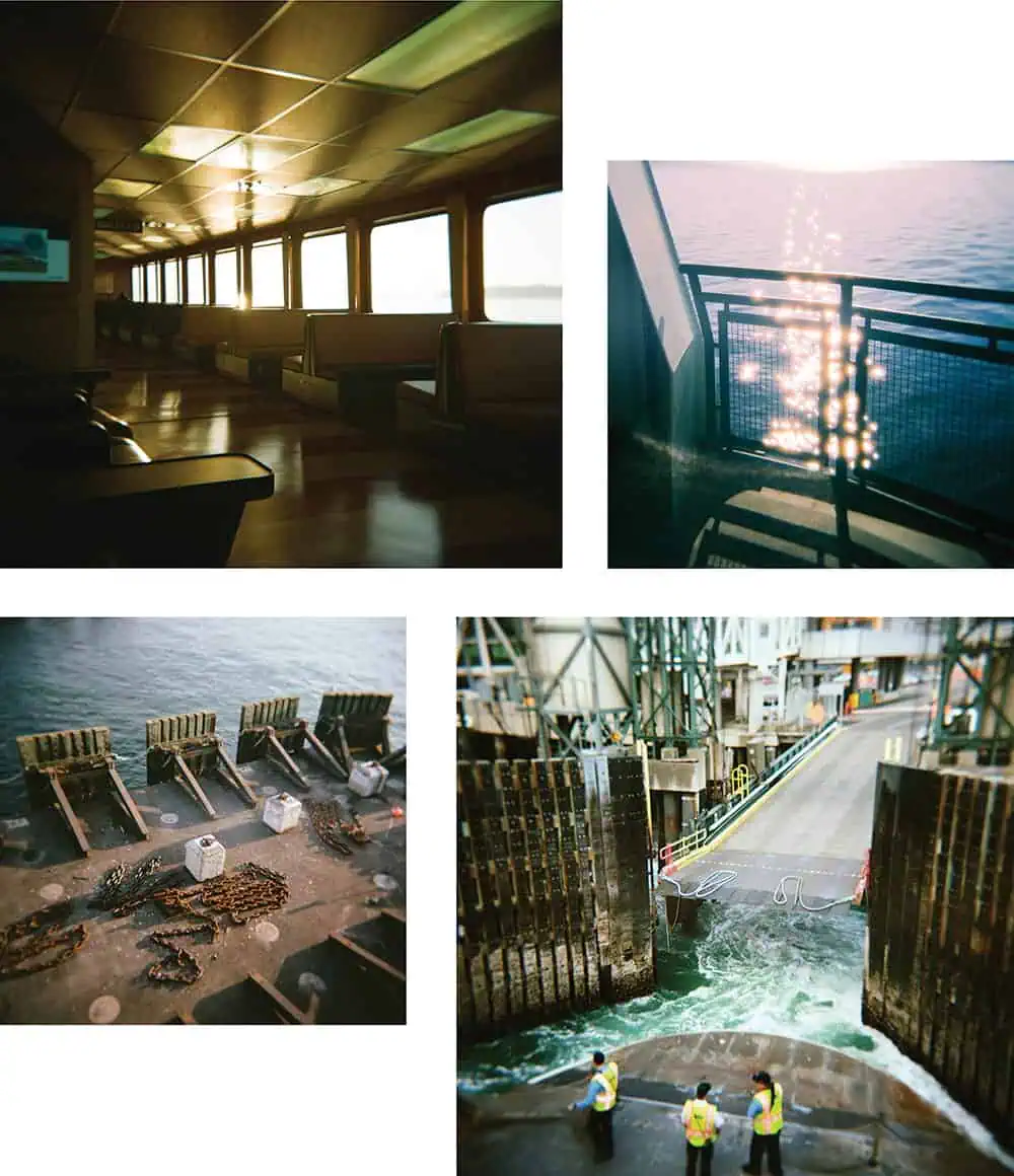 A photo essay collage: four images capture ferry therapy—an empty interior, sunlight on a railing, crabs on a dock, and workers guiding a ferry into the terminal.