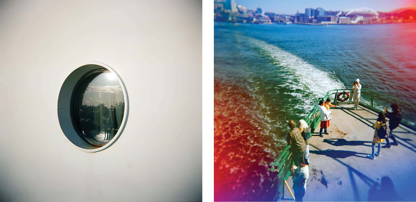 Side-by-side images: Left, a round window on a white wall; right, people enjoying some Ferry Therapy on the deck of a ferry leaving a wake on blue water, with a city in the background—a perfect visual for any Photo Essay.