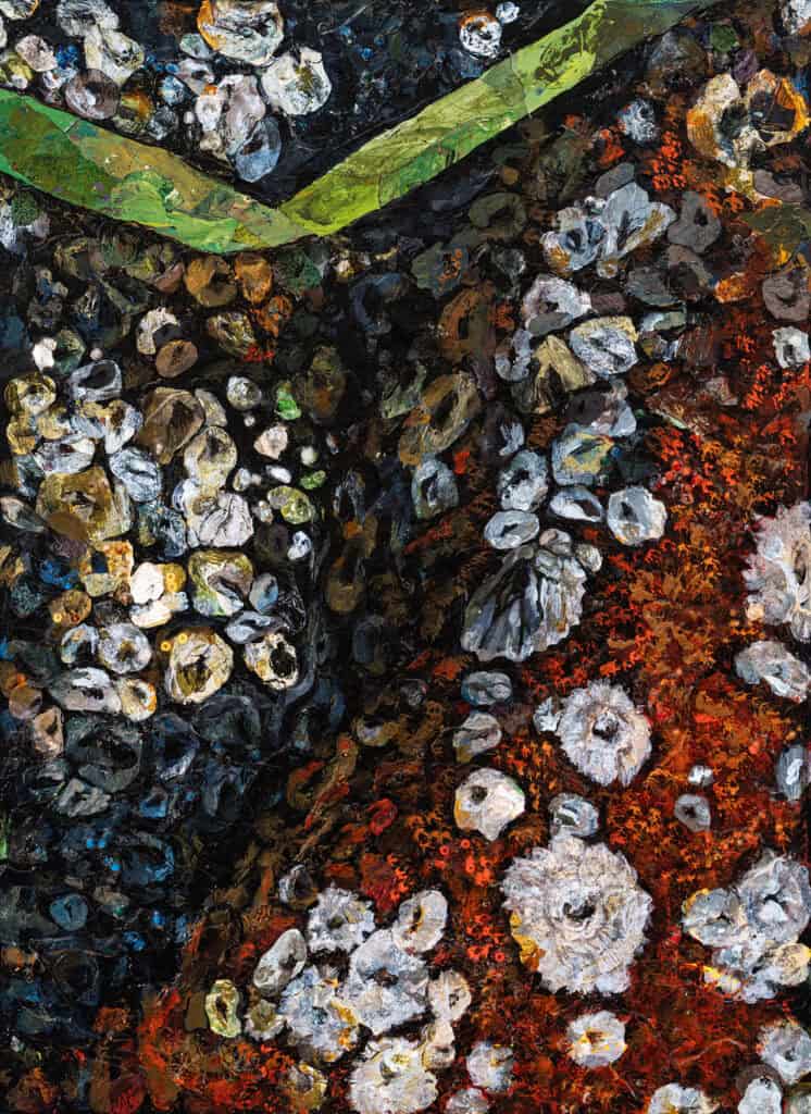 A close-up image of textured, abstract art featuring clusters of white flowers against dark red and black colors, with a green diagonal band near the top—a stunning example of visual arts in Seattle.