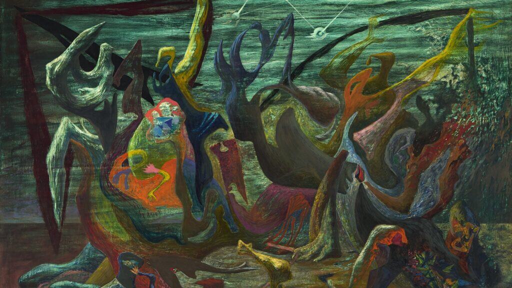 Abstract painting with swirling, twisted human-like and animal forms in vivid colors against a dark, textured background.