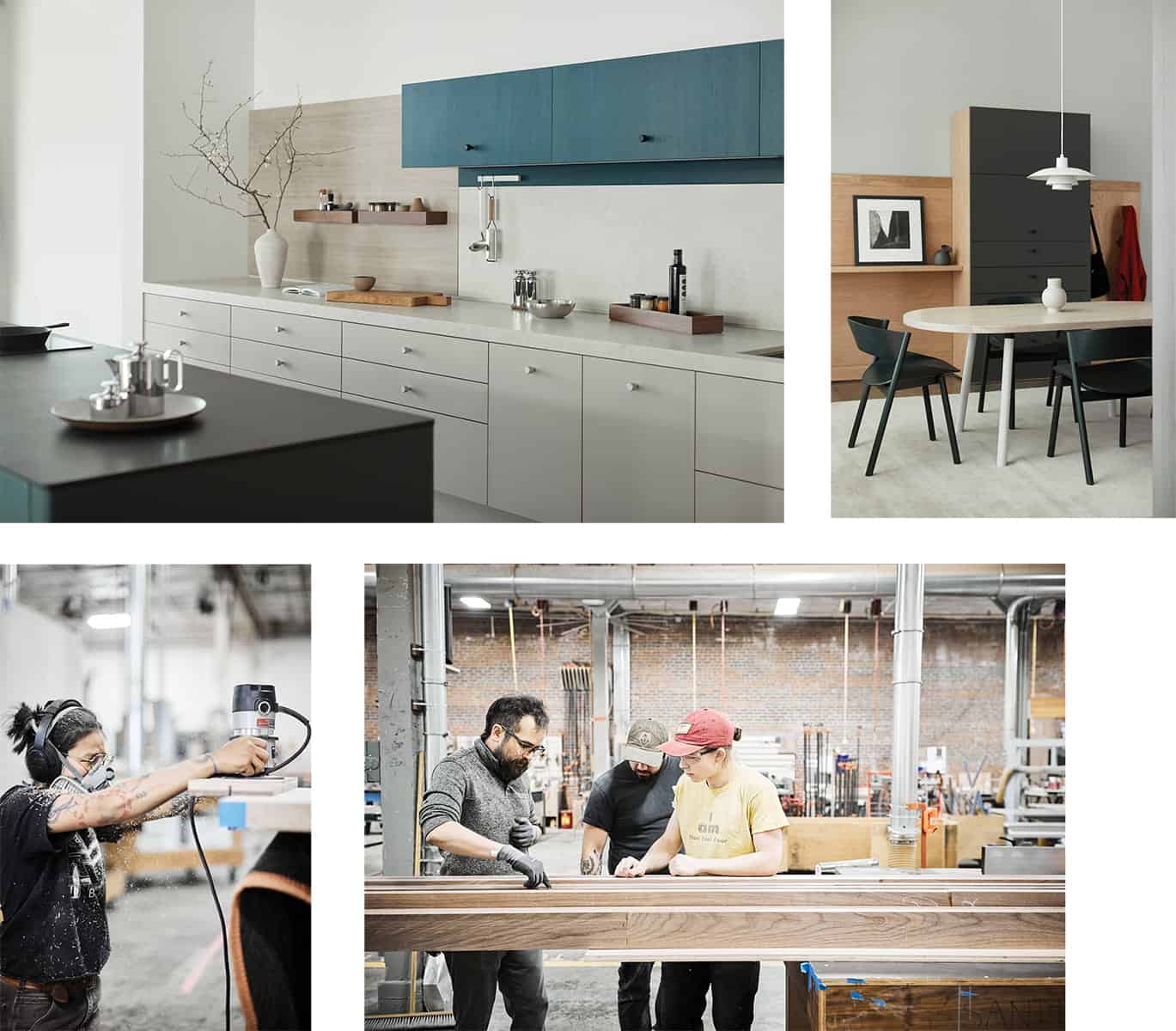 Modern kitchen and dining room interiors shown above, with three SBM workers collaborating in a wood workshop below, highlighting the craft value behind each creation.