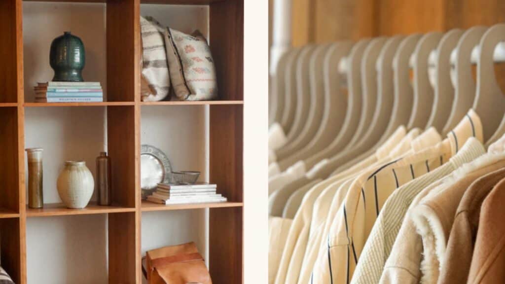 Wooden shelving unit with vases, books, and cushions on the left; a row of beige and cream clothing on hangers to the right, evoking the serene style of Quiet Alchemy on Whidbey Island.