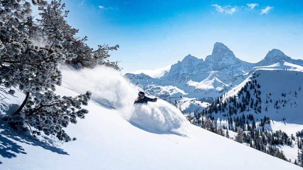 A skier moves through deep powder snow on a steep mountain slope with snow-covered trees and high peaks visible in the background under a clear blue sky.