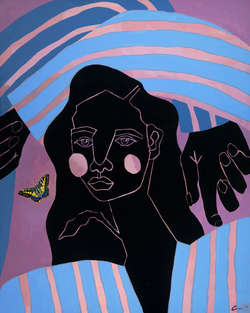 Abstract illustration of a woman’s face outlined in pink, framed by large hands, a butterfly, and curving blue and pink striped shapes on a purple background.