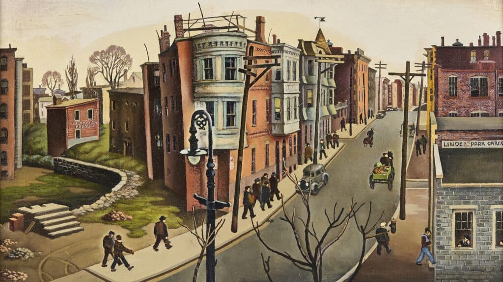 Painting of an urban street scene with pedestrians, cars, bare trees, and multi-story brick buildings under an overcast sky. A grocery store sits on the corner.