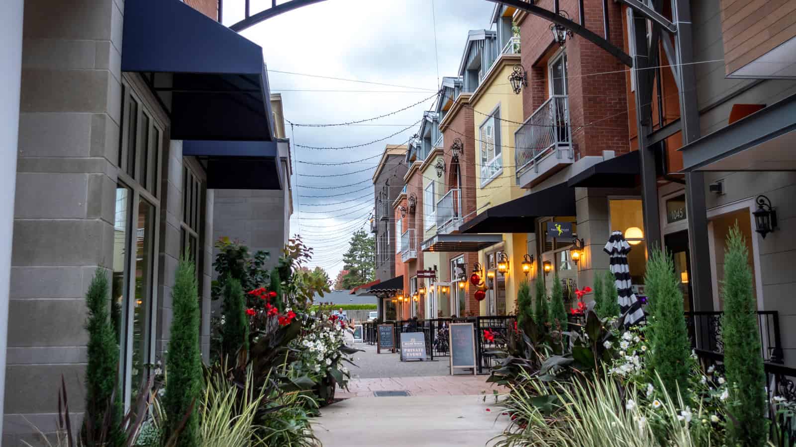 A narrow pedestrian alley in Woodinville, lined with colorful modern buildings, outdoor dining areas, potted plants, and overhead string lights on a cloudy day—a glimpse of why it’s considered one of the best places to live in Washington.