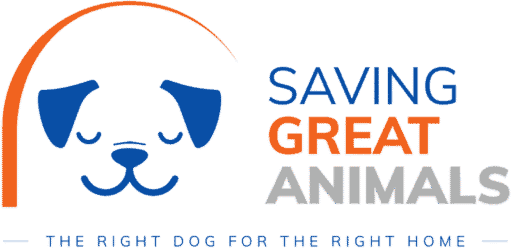 Logo for Saving Great Animals featuring a stylized dog face and the text "Saving Great Animals - The right dog for the right home," as highlighted in Seattle magazine.