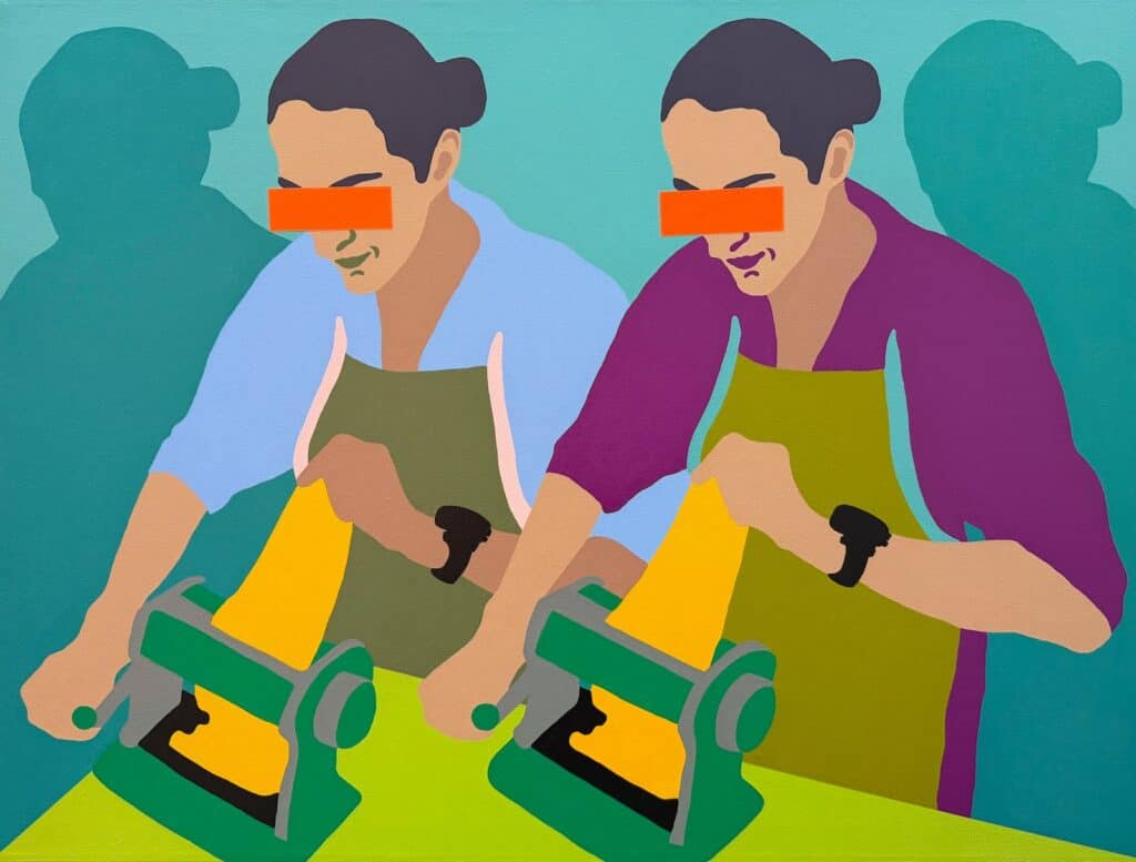 Two people, both wearing aprons and orange eye masks, operate green pasta machines side by side, flattening yellow dough against a teal background.