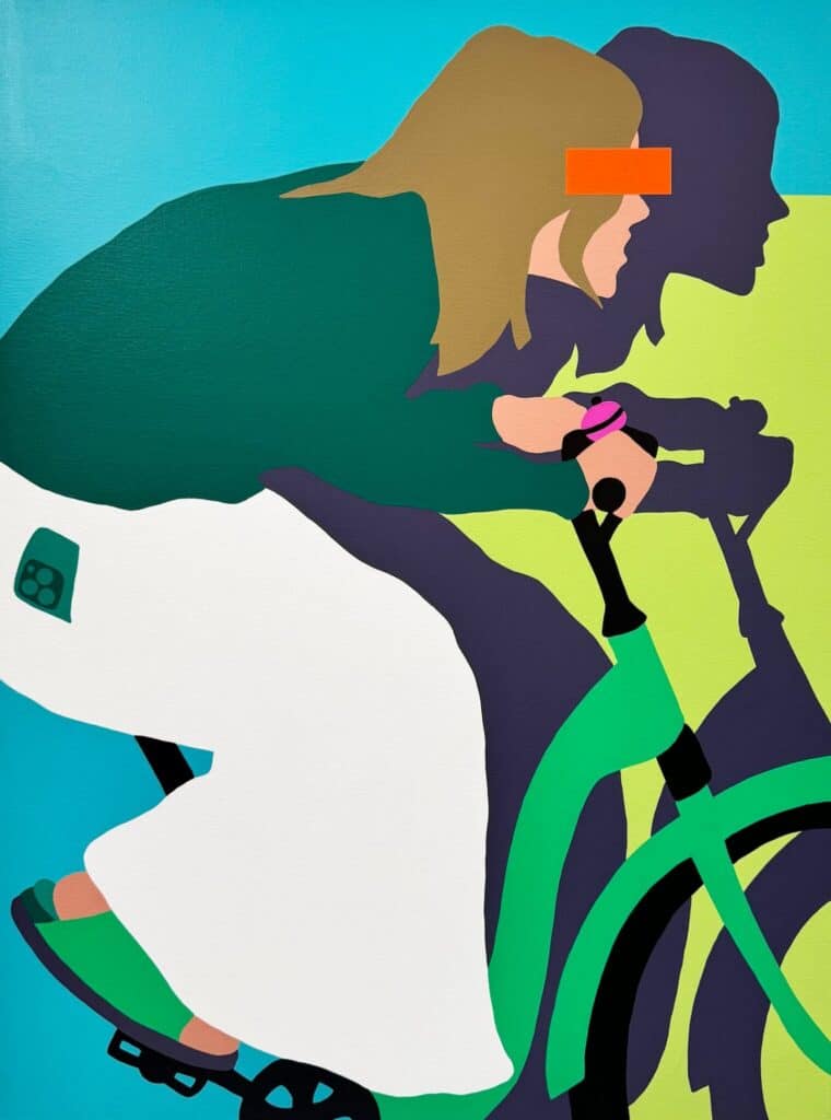 A stylized illustration of a person with long hair riding a green bicycle, wearing a white skirt and green top, with a bold orange rectangle over their eyes and casting a shadow.
