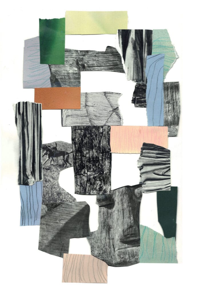 A collage of torn paper pieces in various colors and textures, including wood grain patterns, fabric-like folds, and solid pastel shades, arranged on a white background.