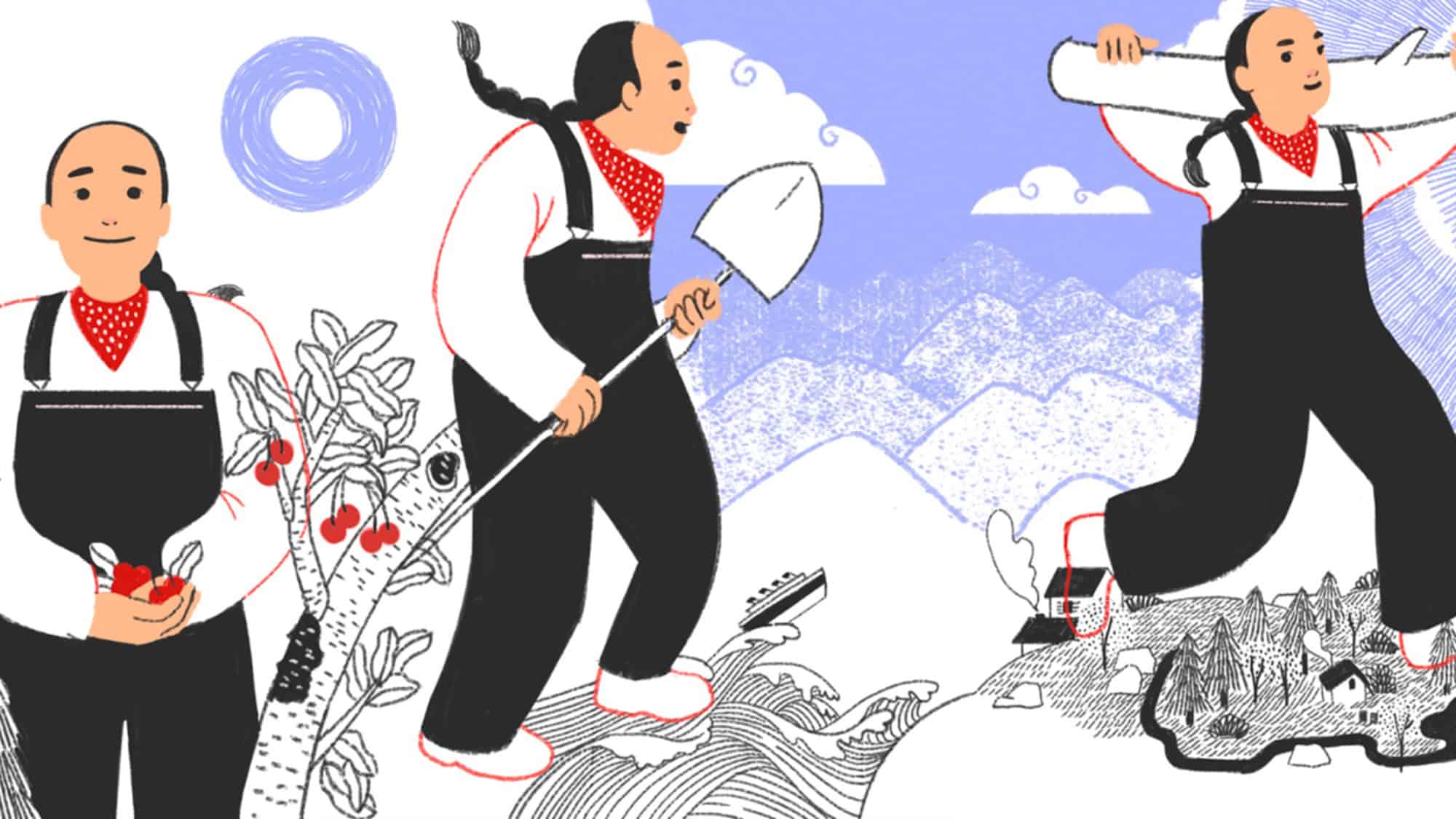 Three figures in black overalls and red scarves pick fruit, dig with a shovel, and carry a log against a backdrop of mountains, trees, and clouds.