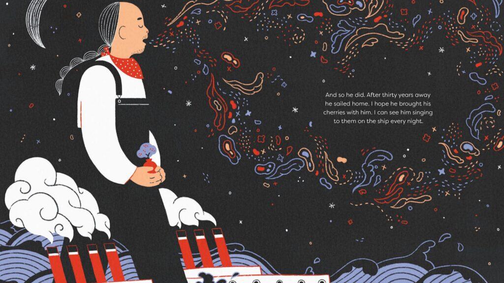 Illustration of a person holding an ice cream cone on a ship, singing, with colorful abstract patterns and stars swirling in the night sky; text narrates their return home.