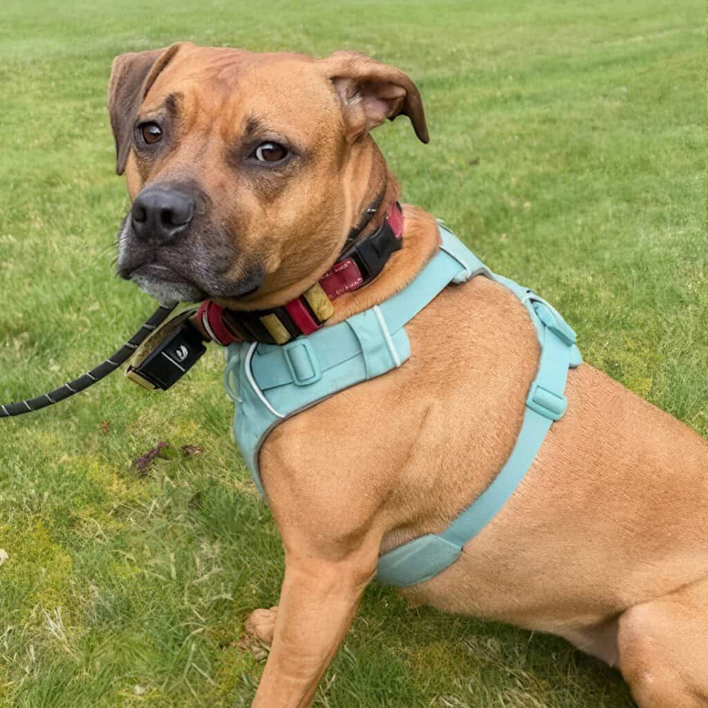 Brown dog wearing a teal harness and red collar sits on green grass, looking toward the camera with a neutral expression.