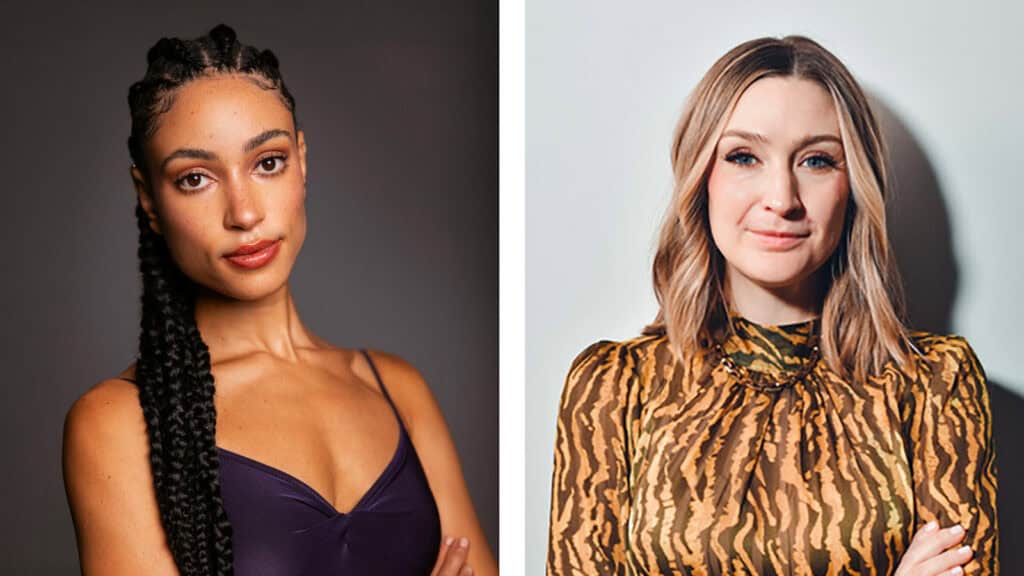 Split image of two women: one with long braided hair wearing a purple top, and one with shoulder-length blonde hair in a patterned brown top, both facing the camera.