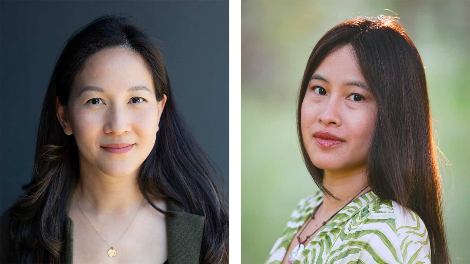 Side-by-side portraits of two women with long dark hair—one in a green top against a dark backdrop, the other outdoors in a patterned shirt and blurred greenery—capture the essence of A Name in Bloom.