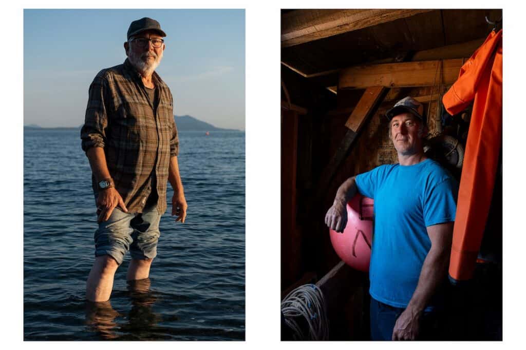 Side-by-side portraits of two men: one standing in water outdoors wearing a plaid shirt and cap, the other indoors in a shed wearing a blue shirt and cap.