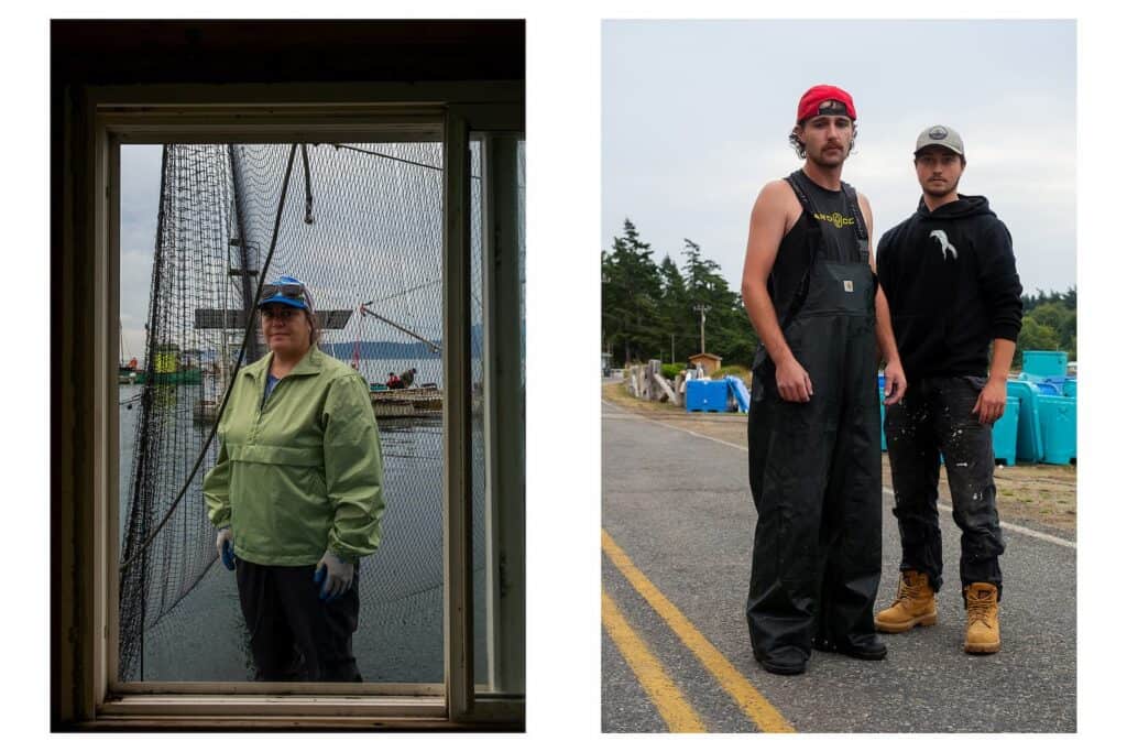 Left: Person in a green jacket stands behind a window and netting. Right: Two men in work clothes and boots stand on a road near blue containers and trees.