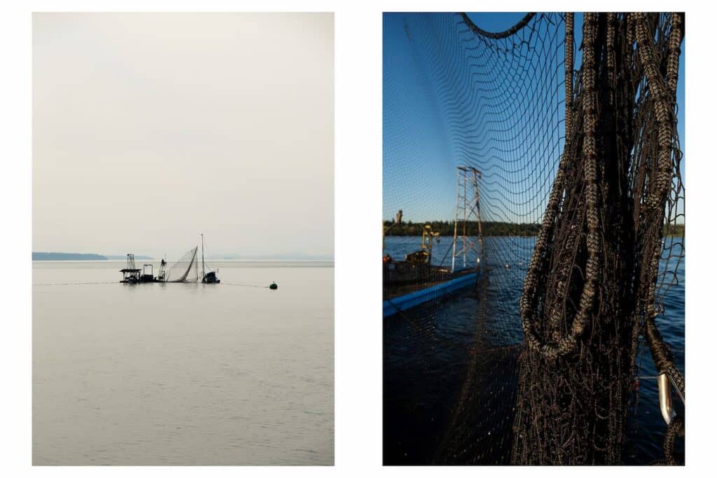 Two photos: left shows a distant fishing boat on calm water with nets, right is a close-up of fishing nets and equipment by the water.