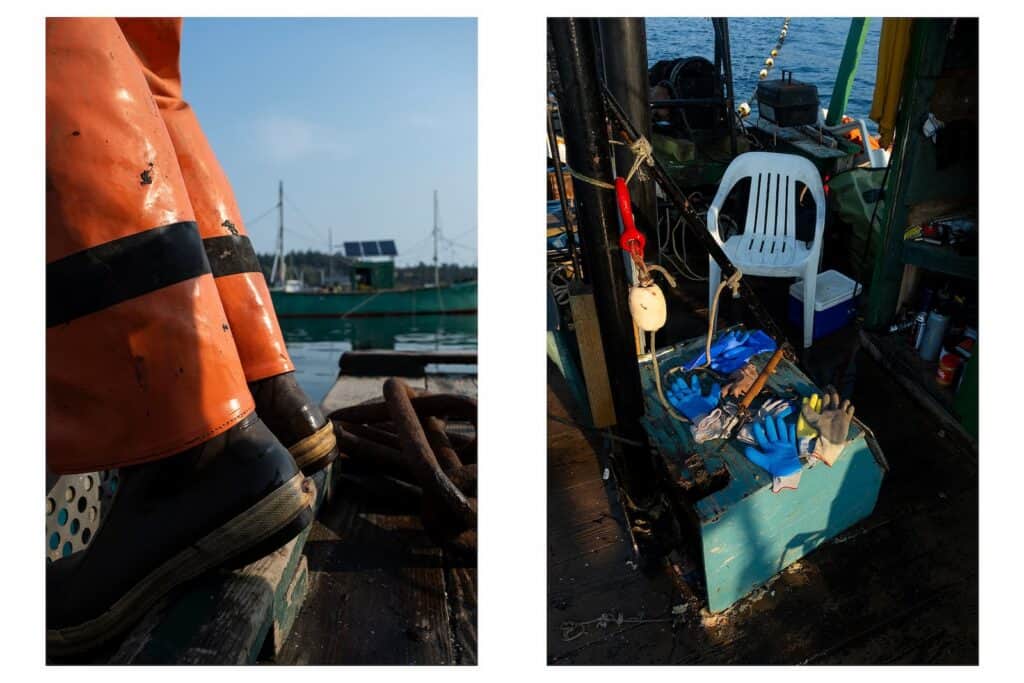 Left: Person in orange waterproof overalls and black boots on a boat. Right: Fishing gear, gloves, and a white plastic chair on a boat deck.