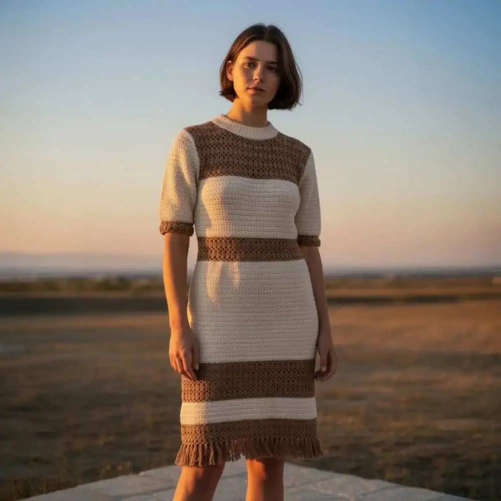 A woman stands outdoors on dry grass at sunset, wearing a short-sleeved, knee-length knit dress with wide beige and brown stripes.