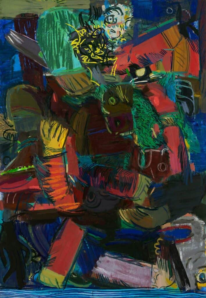 Abstract painting with bold, overlapping strokes in red, green, blue, and yellow; features fragmented figures and shapes, including a face and a hand, amid chaotic, expressive brushwork.