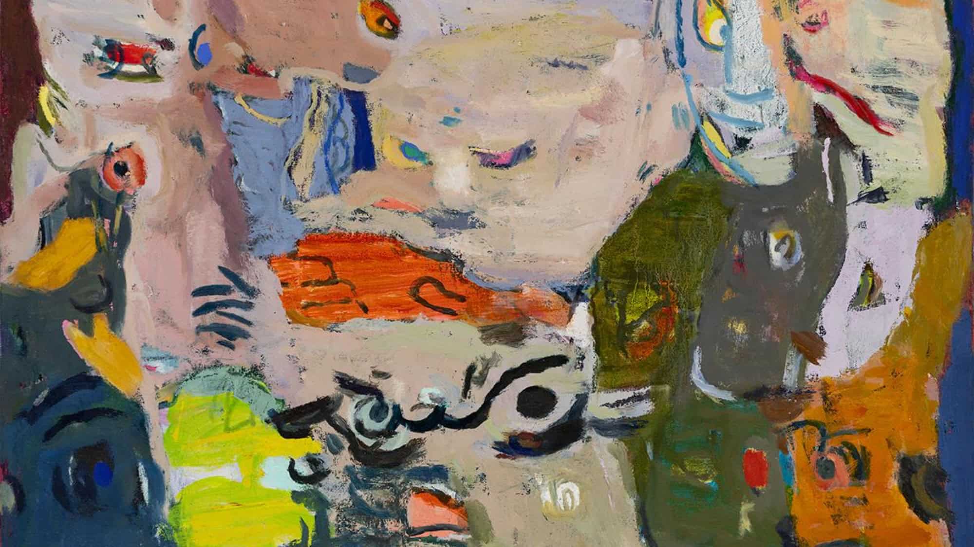 Abstract painting with bold brushstrokes in various colors, including beige, orange, blue, green, and yellow, featuring rough shapes and scattered, indistinct forms.