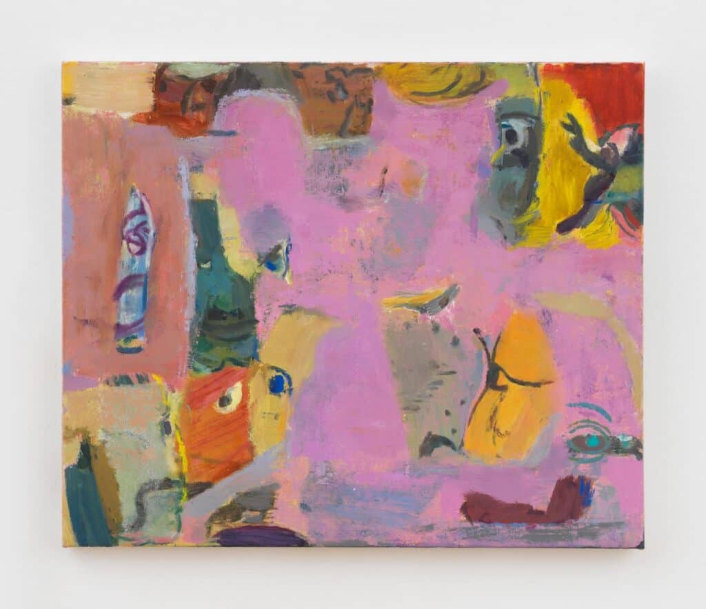 Abstract painting with bold pink brushstrokes layered over patches of yellow, green, blue, and orange, featuring scattered shapes and hints of facial motifs.