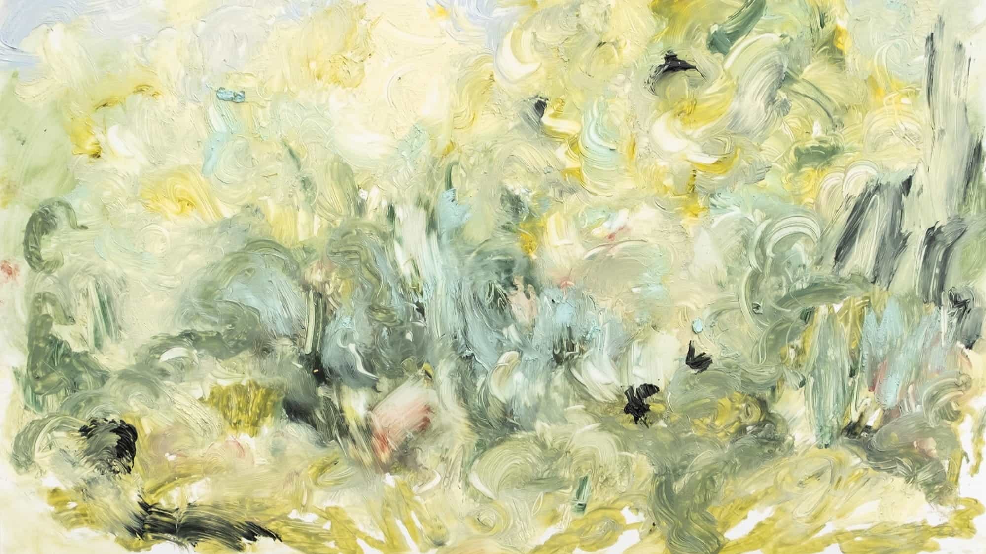 Abstract painting with swirling brushstrokes in yellow, green, blue, and hints of white, creating a textured, impressionistic landscape-like scene—perfect for display in the contemporary gallery space at Dirkse/Prim Gallery.