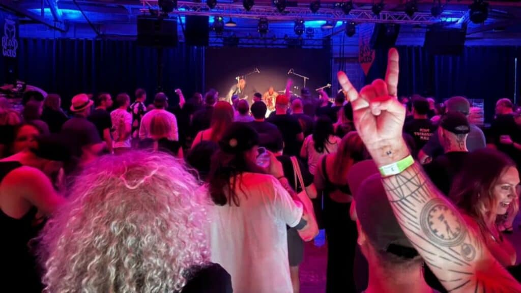 A crowd watches a live band perform on stage under blue and purple lights, with one person in the foreground raising a hand in the rock gesture.