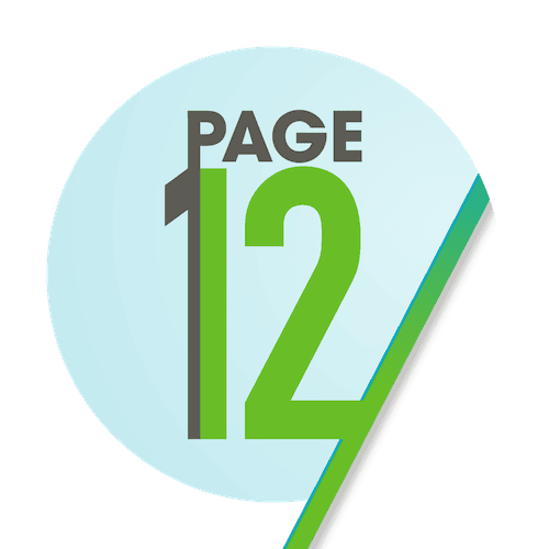 The image shows the words "PAGE 12" in bold, with the number 12 prominently displayed in green and black on a light blue circular background, capturing the signature style of Society Pages in Seattle.