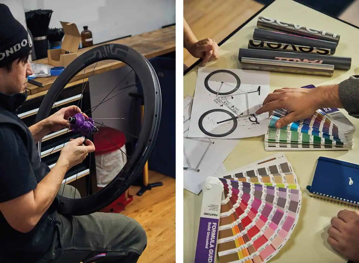 Left: Person working on a bicycle wheel in a workshop at Fremont bicycle shop. Right: Hands review bicycle design sketches and color swatches, inspired by the precision of ID Match Bike Lab and bike fit Seattle expertise.