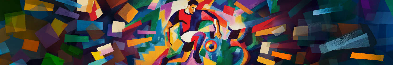 Abstract painting of a soccer player kicking a ball, surrounded by colorful geometric shapes and dynamic brushstrokes.