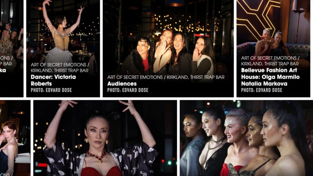 A collage of nightlife and fashion event photos shows dancers and models performing and posing under bright lights at Kirkland's Thirst Trap Bar during the lively Street Sips night.