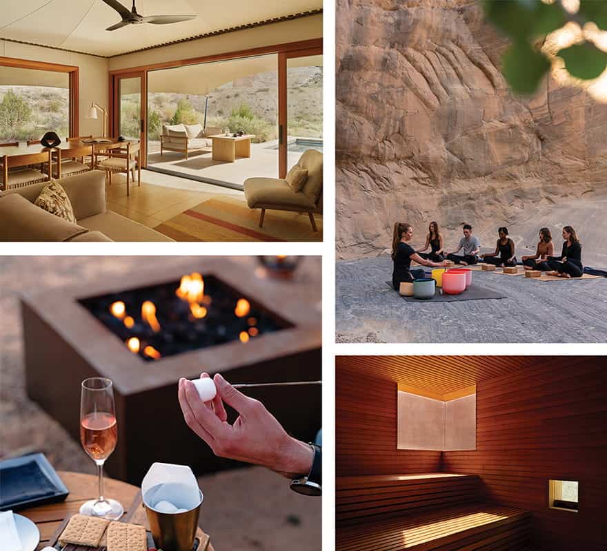 Collage showing a modern luxury desert resort room in Canyon Point Utah, a group meditating outdoors, a hand roasting a marshmallow over a fire pit, and a wooden sauna bathed in natural light.