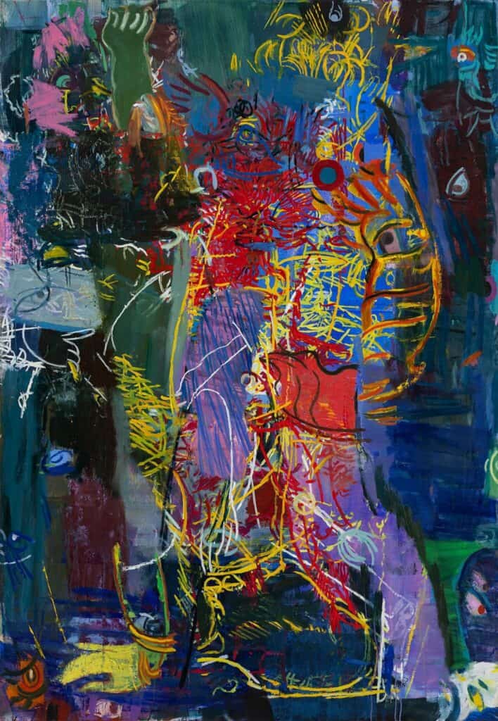 Abstract painting with bold, vibrant colors and dynamic lines, featuring chaotic patterns in red, yellow, blue, and purple, with shapes suggesting figures and organic forms throughout the canvas.