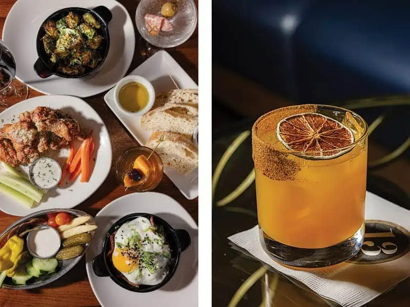 A variety of appetizers and drinks on the left, including bread, vegetables, and dips; on the right, a cocktail garnished with a dried citrus slice on a napkin—perfect for World Cup viewing in Pioneer Square.